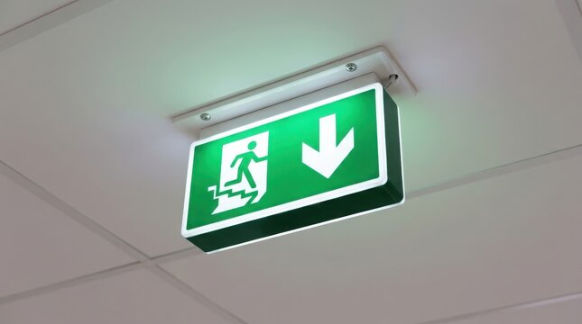 Green emergency exit sign with down arrow and stairs pictogram mounted on ceiling