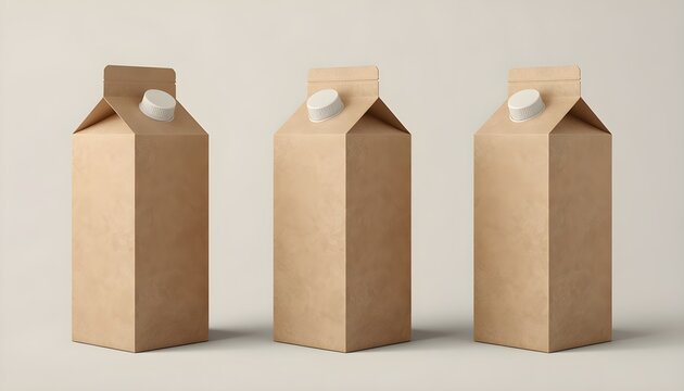 Three empty beverage cartons standing side by side. Minimalist paperboard packaging with clean geometric folds for product design.