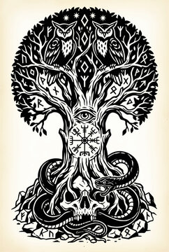 Yggdrasil Tree of Life Owls Skull Snake Runes Blackwork Tattoo Design Vector Illustration