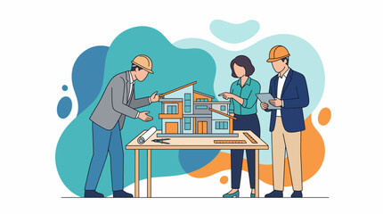 Fototapeta premium Architects and engineers discussing a modern house model vector