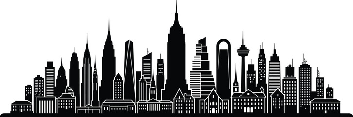Obraz premium Panoramic modern city skyline silhouette with famous skyscrapers, downtown buildings, urban architecture, tower landmarks, and metropolis horizon isolated on white background.
