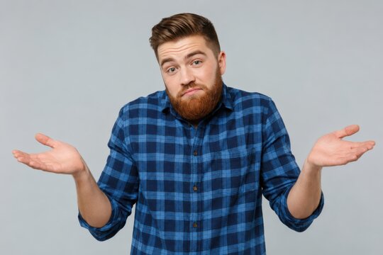 Confused young man with red beard shrugging shoulders with open palms against gray background.