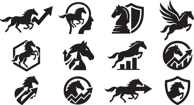 Set of black horse silhouette logo icons with growth arrows and shield shapes