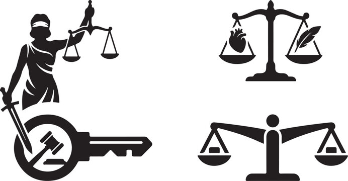 Black silhouette icons of lady justice scales of justice legal gavel and key for law concepts