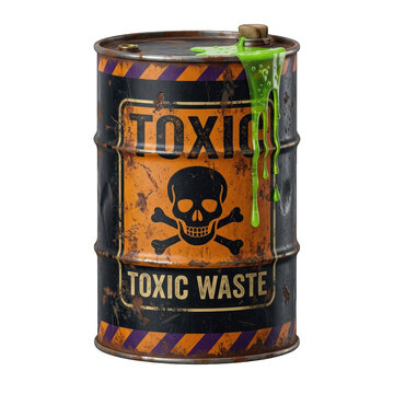 Happy halloween transparent background png image featuring a rusty metal barrel of toxic waste with glowing green slime dripping down the side for seasonal designs
