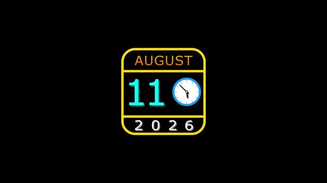 August 11 date 2026 animation . clock and black background clean and stunning 4k animation.