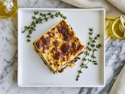 A high-angle, top-down view of a perfectly square portion of baked moussaka on a white plate, garnished with fresh thyme and accompanied by olive oil.