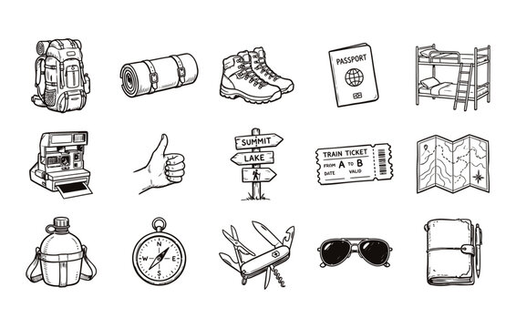 Hand drawn wilderness expedition icon pack including essential camping tools outdoor journey accessories adventure symbols and backpacking gear