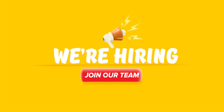 We're hiring banner vector illustration. Orange 3d megaphone with lightning bolts, bold lettering, and join our team red cta button on bright yellow background for job vacancy header.