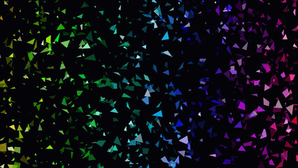 Confetti shards drift across a dark canvas in a rhythmic flow of cool tones, displaying a seamless shift from vivid green to deep purple for a professional and modern look in creative media design. © creative mind