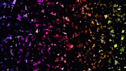 Confetti fragments drift in a chaotic cloud against a stark black backdrop, featuring a rich transition of deep magenta to warm orange hues suitable for high-end event marketing and digital graphics. © creative mind