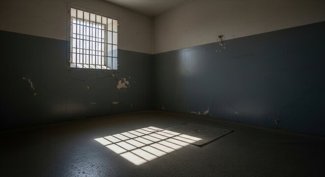 Empty prison cell with barred window and light pattern on floor
