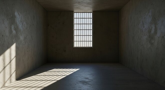 Empty prison cell with barred window and light patterns on floor.