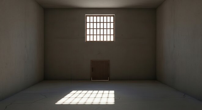 Empty prison cell with barred window and sunlight on floor
