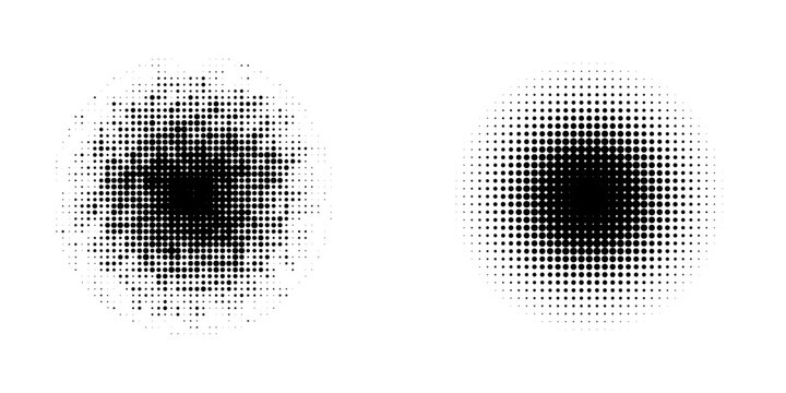Halftone gradient circles collection. Dots textured round patterns. Cartoon comic radial faded background set. Abstract pixelated elements for frame, poster, collage, banner, flyer. Vector bundle