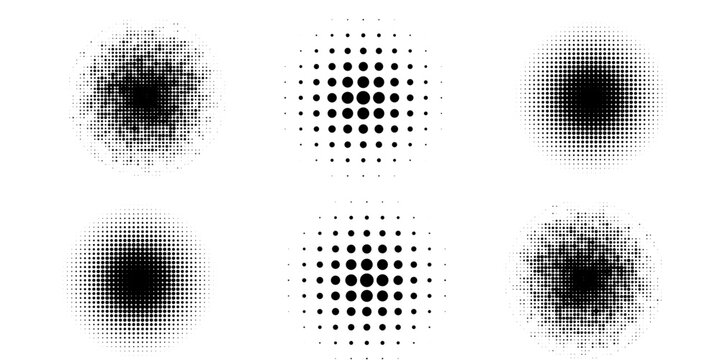 Halftone gradient circles collection. Dots textured round patterns. Cartoon comic radial faded background set. Abstract pixelated elements for frame, poster, collage, banner, flyer. Vector bundle