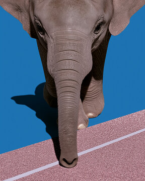 Top view elephant stepping onto a pink and blue tennis court. Perfect for bold sports concepts, surreal wildlife, and resort marketing visuals.