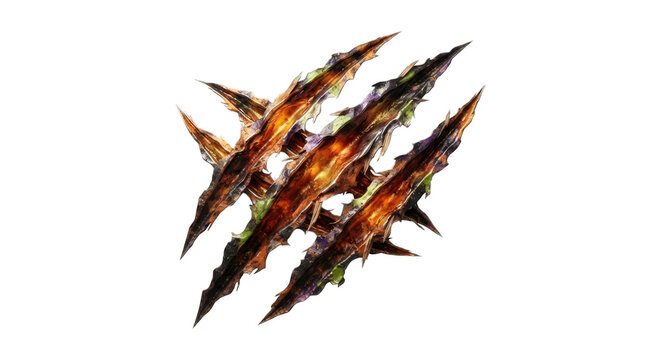 A sharp claw mark scratch effect for a happy halloween transparent background png image design element featuring glowing fiery orange textures for horror themes