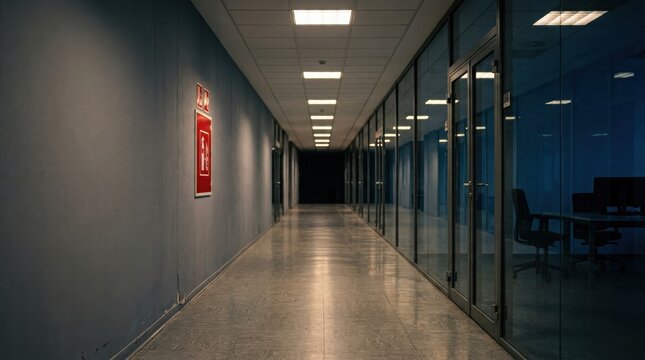 Long dark office corridor with fluorescent lights, glass offices, and fire extinguisher sign
