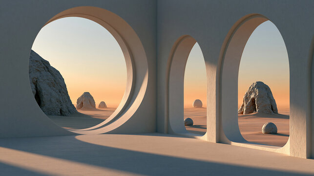 Modern minimalist interior with large circular and arched openings framing a rugged, rocky desert landscape under a clear sunset sky.