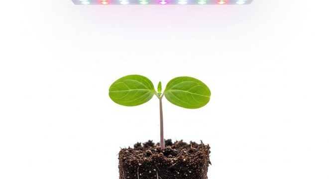 small green plant growing under colorful led light
