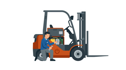 Naklejka premium A mechanic is repairing an orange forklift in a warehouse setting.