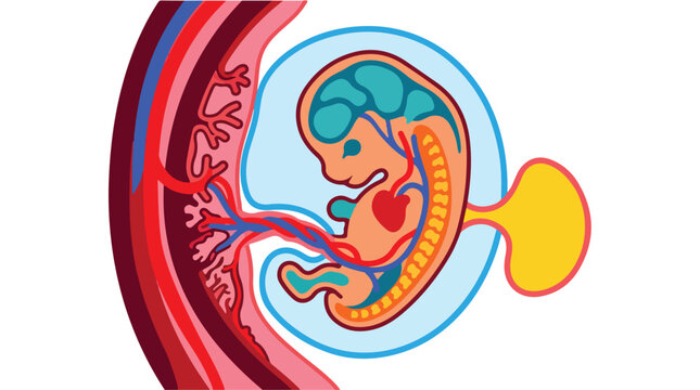 Human embryo development vector illustration, medical diagram of fetus in womb with placenta and umbilical cord, prenatal anatomy graphic