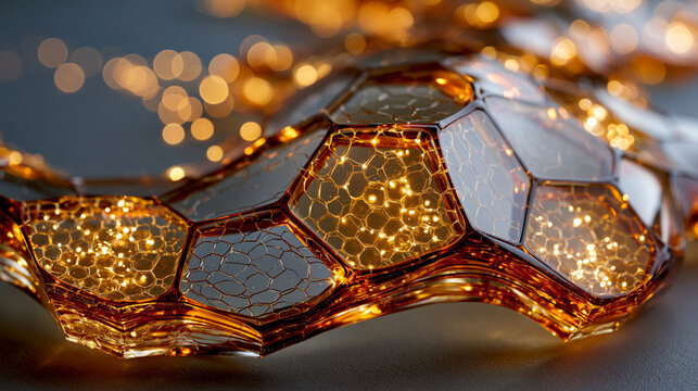 A close-up perspective of an undulating, amber-colored hexagonal glass structure, illuminated by soft golden light reflecting through the geometric pattern.