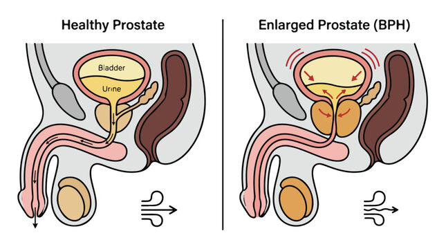 Enlarged prostate BPH medical diagram, healthy prostate vs benign prostatic hyperplasia comparison, male urinary system anatomy vector