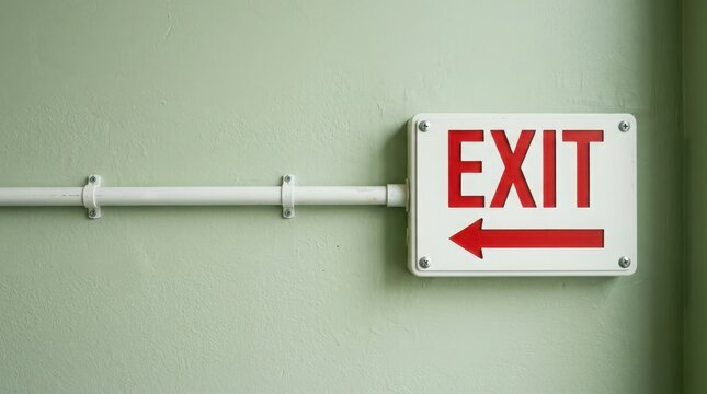 Classic red exit sign with arrow on a light green wall with conduit pipe