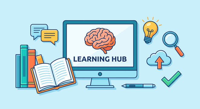 Computer monitor with brain icon and books representing an online learning hub concept for digital education, remote study, and knowledge acquisition
