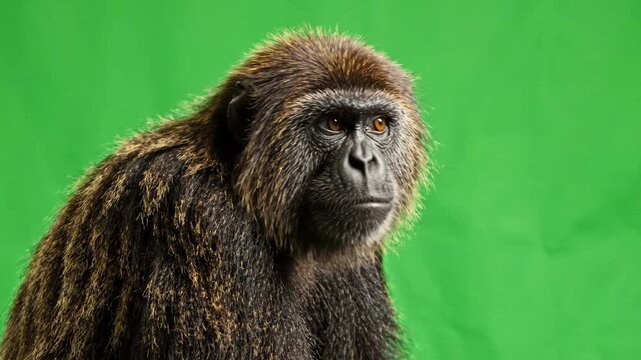 A brown monkey sitting calmly on a green screen background while looking around curiously and blinking its eyes in slow motion