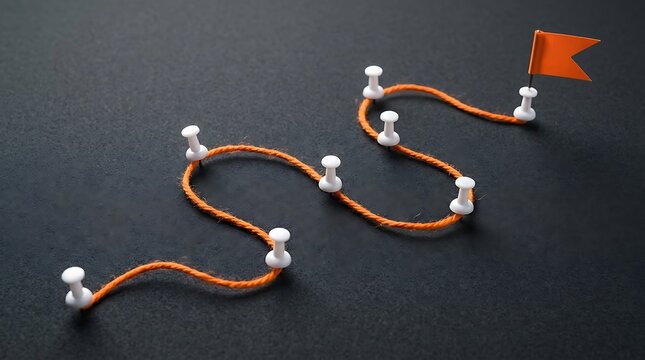 Orange string path with white push pins and a small flag marking the final destination point on a dark black board