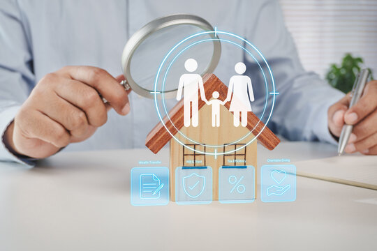 Business professional focus on Estate and Legacy Planning Concept with Family Wealth Protection, Wealth Transfer, Will and Trust, Tax Efficiency and Charitable Giving for Long Term Financial Security
