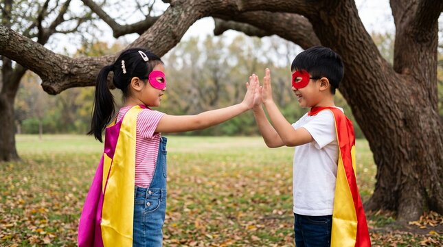 Kids in superhero capes high-fiving in park. Children playing heroes outdoors in autumn.