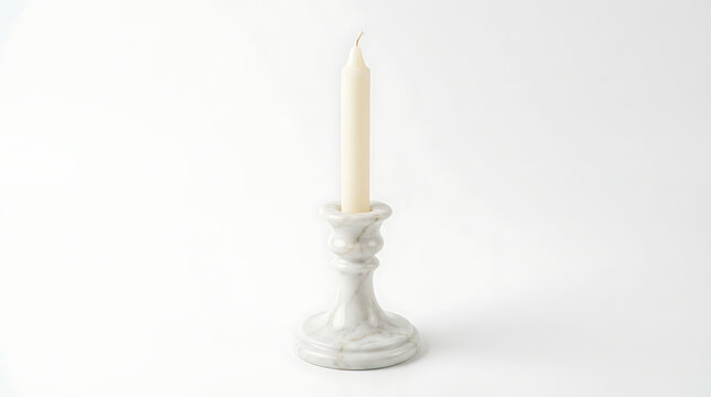 Antique Candlestick with Burning Wax Candle Isolated on White Background for Christmas Holiday Celebration Religious Decoration and Classic Candlelight Concept