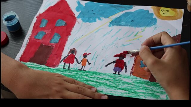 child's watercolor drawing expressing emotions about parental separation and family relationships. Concept of divorce, family conflict, childhood stress, emotional wellbeing, child psychology, emotion
