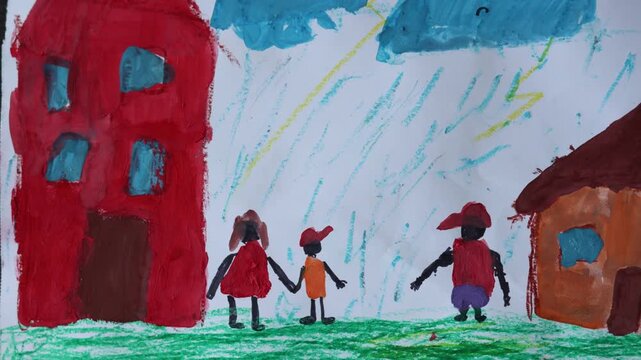 Close-up of a colorful watercolor drawing depicting family relationships and parental separation, representing divorce concept, childhood stress, family conflict, and mental health in art therapy.