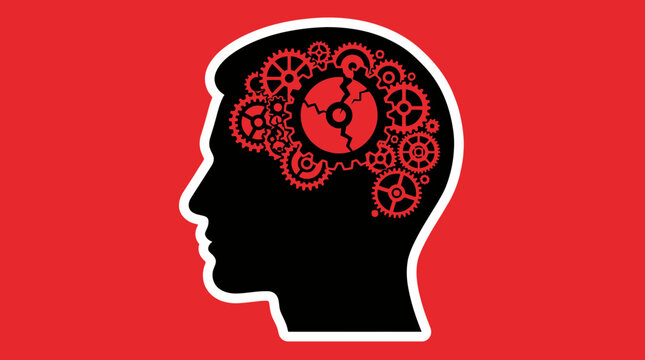 Human head silhouette with broken gears
