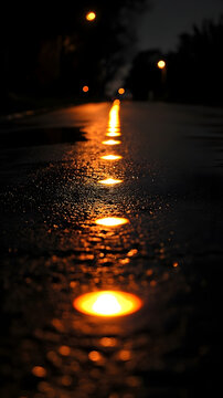 Road studs glow with a warm, amber light along the wet pavement at night, guiding traffic safely through the dark and rainy conditions of the suburban street.