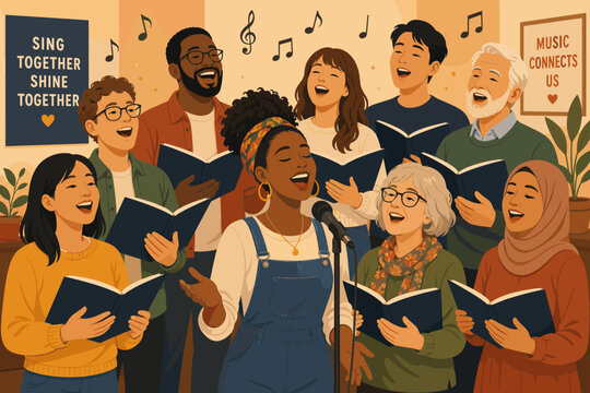 Diverse group of people singing in choir together with joy, holding songbooks and performing with a microphone in a warm community setting