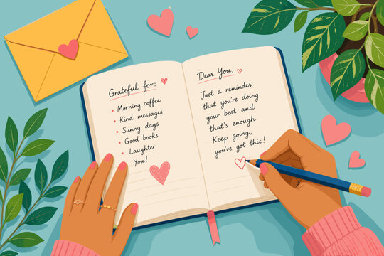 Hands writing in a personal gratitude journal with positive affirmations, surrounded by a yellow envelope, paper hearts, and green potted plants on a desk