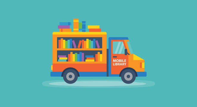 Mobile library truck filled with colorful books on shelves representing literacy, education, and mobile book sharing services for communities