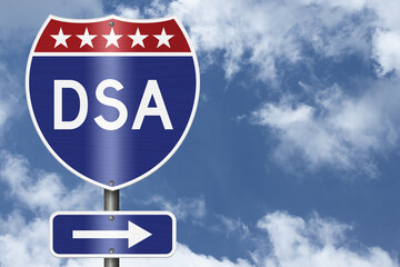 DSA text on an American interstate road sign with sky for Democratic Socialists of America © Karen Roach