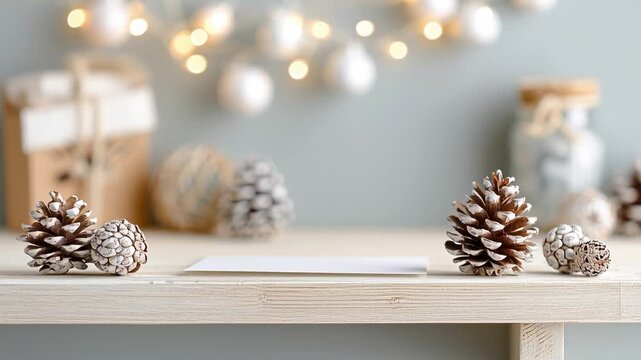 Minimalist christmas card display with pine cones and festive fairy lights