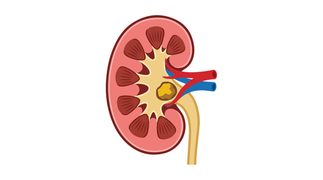 Human kidney cross section with kidney stone, medical vector illustration of renal anatomy, nephrolithiasis diagram for healthcare education