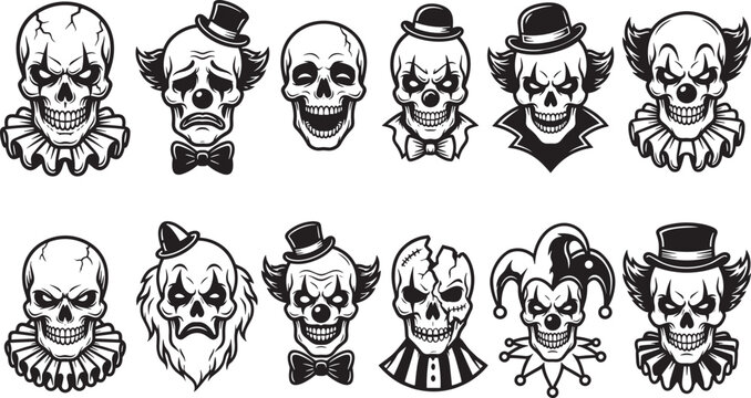 Creepy Halloween clown skulls and scary jester monster heads gothic tattoo stencil vector illustration set isolated on white background [INDEX].