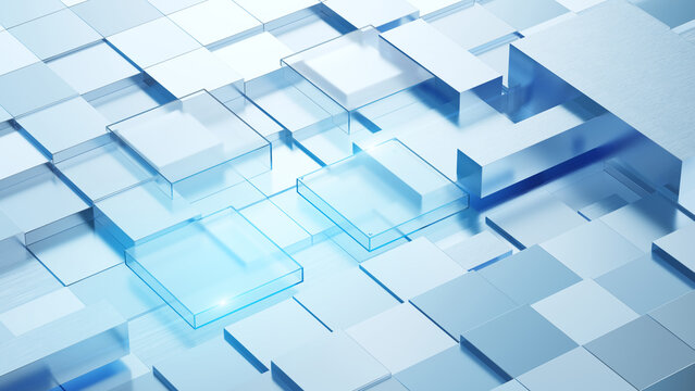 Abstract geometric blocks, AI, business finance, digital infrastructure concept. 3D cube abstract geometric blocks- technology and blockchain network. 3d rendering