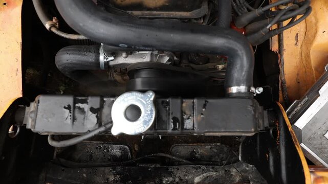 Close-up of a classic car engine running with the distributor, ignition wires, and drive belts in motion. The detailed view highlights vintage automotive engineering, mechanical operation, restoration