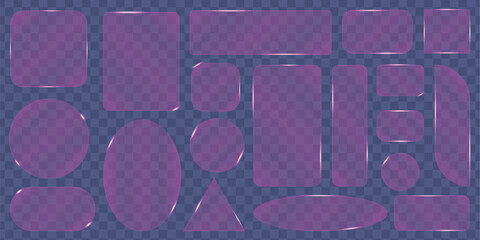 Fototapeta premium Collection of glossy purple geometric shapes on transparent background for design elements